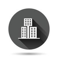 Building icon in flat style. Town skyscraper apartment vector illustration on black round background with long shadow effect. City tower circle button business concept.