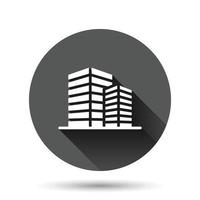 Building icon in flat style. Town skyscraper apartment vector illustration on black round background with long shadow effect. City tower circle button business concept.