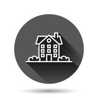 Building icon in flat style. Home vector illustration on black round background with long shadow effect. House circle button business concept.