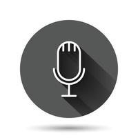 Microphone icon in flat style. Studio mike vector illustration on black round background with long shadow effect. Audio record circle button business concept.