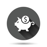 Money box icon in flat style. Pig container vector illustration on black round background with long shadow effect. Piggy bank circle button business concept.