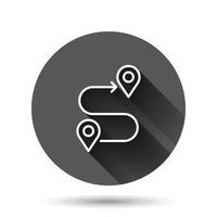 Map pin icon in flat style. GPS navigation vector illustration on black round background with long shadow effect. Locate position circle button business concept.