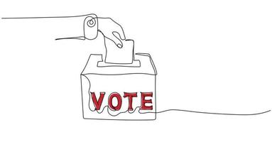 Continuous one line drawing of hand putting or inserting voting paper in the ballot box vector