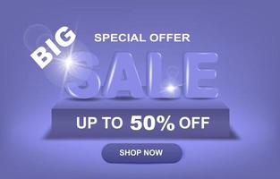 Special offer BIG sale web banner up to 50 off. 3D  inscription on trendy Very Peri background vector