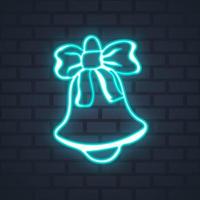 Neon Christmas bell on a brick wall background. vector