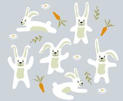 Set of happy rabbits illustration. Collection of funny bunnies vector