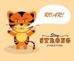 Grumpy roaring tiger cub. Stay strong forever. vector