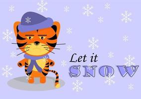 Grumpy tiger cub with text let is snow on snowy background vector