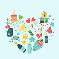 elementos aislados de la fiesta de cumpleaños en forma de corazón. ilustraciones dibujadas a mano, tarjetas de felicitación, elementos de diseño de invitación. pasteles con velas, globos. celebración navideña, decoración de fiestas. vector