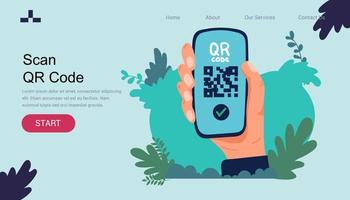 banner landidng page QR code scanning icon in smartphone. hand holding Mobile phone in line style, barcode scanner for pay, web, mobile app, promo. Vector illustration