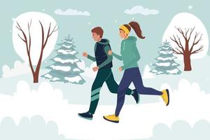 Couple runner running outdoor scene design Running sport, warm clothes runs against background of winter landscape. young girl goes in for sports. vector illustrations. cartoon. running in winter