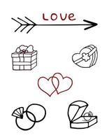 Doodle set elements for valentines day line art style. Vector illustration. Icons and inscriptions.