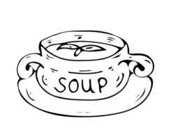 Doodle soup Plate with handles. Any cream soup Tomato, pumpkin, champignon. Vector line art.