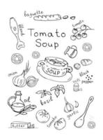 Doodle tomato soup recipe with lettering. Vector illustration. tomatoes, lettering, olive oil, onion