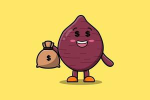 Cartoon Crazy rich Sweet potato with money bag vector