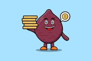 Cartoon Sweet potato holding in stacked gold coin vector