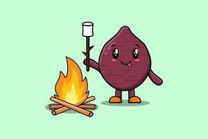 Cute cartoon sweet potato is burning marshmallow vector