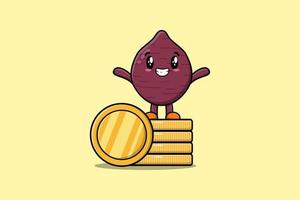 Cartoon Sweet potato standing in stacked gold coin vector