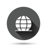 Earth planet icon in flat style. Globe geographic vector illustration on black round background with long shadow effect. Global communication circle button business concept.