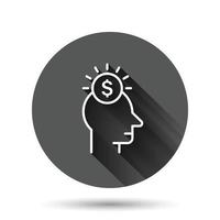 Human head with money icon in flat style. Career progress vector illustration on black round background with long shadow effect. Face and dollar coin circle button business concept.