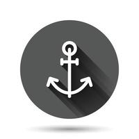 icono de ancla de barco en estilo plano. ilustración de vector de gancho de buque sobre fondo redondo negro con efecto de sombra larga. concepto de negocio de botón de círculo de equipo de barco.