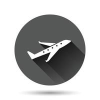 icono de avión en estilo plano. ilustración de vector de avión sobre fondo redondo negro con efecto de sombra larga. concepto de negocio de botón de círculo de avión de vuelo.