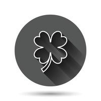 Four leaf clover icon in flat style. St Patricks Day vector illustration on black round background with long shadow effect. Flower shape circle button business concept.