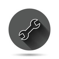 Wrench icon in flat style. Spanner key vector illustration on black round background with long shadow effect. Repair equipment circle button business concept.