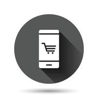 icono de compras en línea en estilo plano. ilustración de vector de tienda de smartphone sobre fondo redondo negro con efecto de sombra larga. concepto de negocio de botón de círculo de mercado.