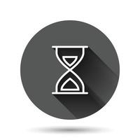 Hourglass icon in flat style. Sandglass vector illustration on black round background with long shadow effect. Clock circle button business concept.