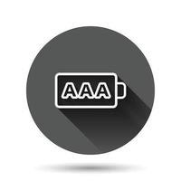 AAA battery icon in flat style. Power level vector illustration on black round background with long shadow effect. Lithium accumulator circle button business concept.