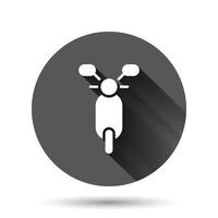 icono de moto en estilo plano. ilustración de vector de scooter sobre fondo redondo negro con efecto de sombra larga. Concepto de negocio de botón de círculo de vehículo de ciclomotor.