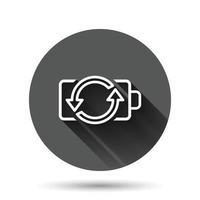 Battery charge icon in flat style. Power level vector illustration on black round background with long shadow effect. Lithium accumulator circle button business concept.