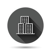 Building icon in flat style. Town skyscraper apartment vector illustration on black round background with long shadow effect. City tower circle button business concept.