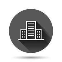 Building icon in flat style. Town skyscraper apartment vector illustration on black round background with long shadow effect. City tower circle button business concept.