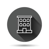 Building icon in flat style. Town skyscraper apartment vector illustration on black round background with long shadow effect. City tower circle button business concept.