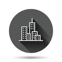 Building icon in flat style. Town skyscraper apartment vector illustration on black round background with long shadow effect. City tower circle button business concept.