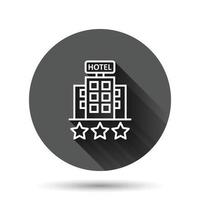 icono de signo de hotel 3 estrellas en estilo plano. posada edificio ilustración vectorial sobre fondo negro redondo con efecto de sombra larga. concepto de negocio de botón de círculo de habitación de albergue. vector