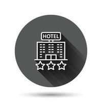 icono de signo de hotel 3 estrellas en estilo plano. posada edificio ilustración vectorial sobre fondo negro redondo con efecto de sombra larga. concepto de negocio de botón de círculo de habitación de albergue. vector