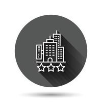 icono de signo de hotel 3 estrellas en estilo plano. posada edificio ilustración vectorial sobre fondo negro redondo con efecto de sombra larga. concepto de negocio de botón de círculo de habitación de albergue. vector