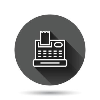 Cash register icon in flat style. Check machine vector illustration on black round background with long shadow effect. Payment circle button business concept.