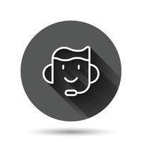 Helpdesk icon in flat style. Headphone vector illustration on black round background with long shadow effect. Chat operator circle button business concept.