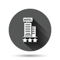 icono de signo de hotel 3 estrellas en estilo plano. posada edificio ilustración vectorial sobre fondo negro redondo con efecto de sombra larga. concepto de negocio de botón de círculo de habitación de albergue. vector