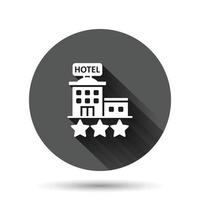 icono de signo de hotel 3 estrellas en estilo plano. posada edificio ilustración vectorial sobre fondo negro redondo con efecto de sombra larga. concepto de negocio de botón de círculo de habitación de albergue. vector