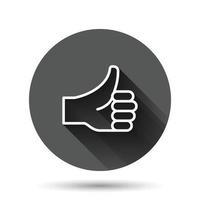 Thumb up icon in flat style. Like gesture vector illustration on black round background with long shadow effect. Approval mark circle button business concept.