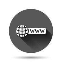 Global search icon in flat style. Website address vector illustration on black round background with long shadow effect. WWW network circle button business concept.