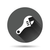 Wrench icon in flat style. Spanner key vector illustration on black round background with long shadow effect. Repair equipment circle button business concept.