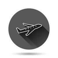 icono de avión en estilo plano. ilustración de vector de avión sobre fondo redondo negro con efecto de sombra larga. concepto de negocio de botón de círculo de avión de vuelo.