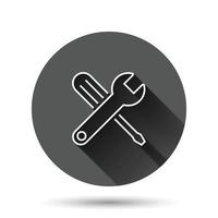 Wrench icon in flat style. Spanner key vector illustration on black round background with long shadow effect. Repair equipment circle button business concept.