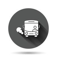 Bus icon in flat style. Coach vector illustration on black round background with long shadow effect. Autobus vehicle circle button business concept.